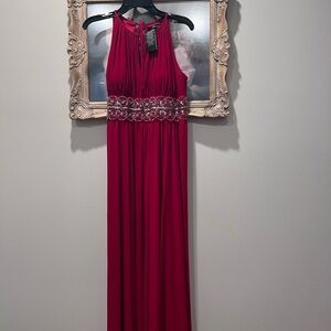 R&M Richards Burgundy Maxi Dress with Embellished Waist